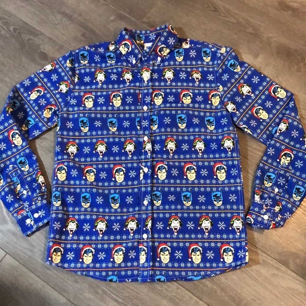 DC Mens ugly Christmas Button Up Long Sleeve JOKER, Superman, Batman shirt S
